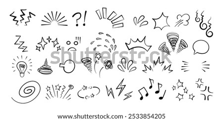 Manga or anime comic emoticon element graphic effects hand drawn doodle vector illustration set isolated on white background. Cartoon style manga doodle line expression scribble anime mark collection.