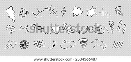 Manga or anime comic emoticon element graphic effects hand drawn doodle vector illustration set isolated on dotted background. Sticker style manga doodle line expression scribble anime mark collection