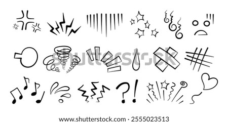 Manga or anime comic emoticon element graphic effects hand drawn doodle vector illustration set isolated on white background. Line style manga doodle line expression scribble anime mark collection.