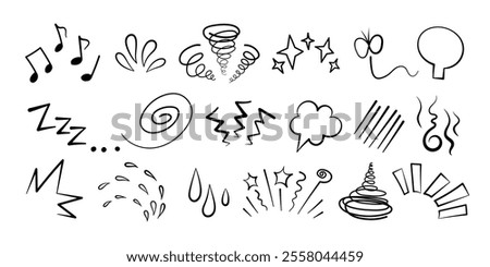 Manga or anime comic emoticon element graphic effects hand drawn doodle vector illustration set isolated on white background. Cartoon style manga doodle line expression scribble anime mark collection.