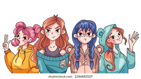 Manga anime female cute characters friends group concept. Vector graphic design illustration
