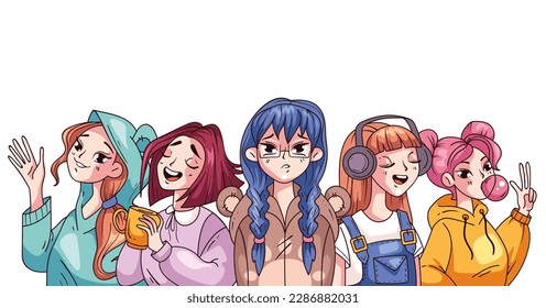 El concepto de grupo de amigos lindos personajes de anime femenino manga. Ilustración del diseño gráfico del vector
