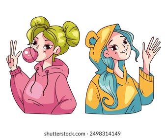 Manga anime female cute characters friends group concept. Vector graphic design illustration	