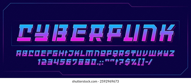 Manga anime font, arcade japanese cyberpunk typeface, modern Tokyo typography type, asian game english alphabet. Vector future technology font with neon purple gradient letters and numbers set