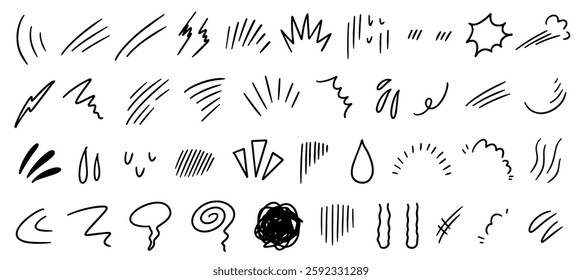 Manga and anime-style handwritten effect icons that express emotions and movements of joy, anger, sadness, and joy.