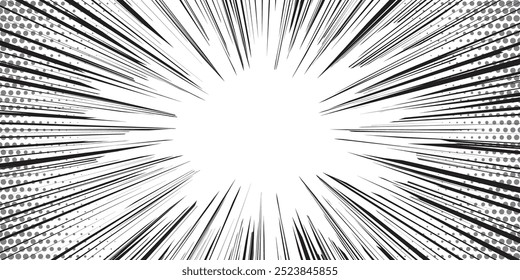 Fundo de mangá. Anime em quadrinhos black lines on white. Quadro de efeito de movimento de linhas de velocidade rápida. Ação de super-herói. Ilustração vetorial horizontal.
