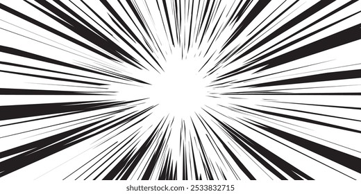 Fondo de manga. Líneas negras del anime del cómic en blanco. Marco de efecto de movimiento de líneas de velocidad rápida. Acción de superhéroes. Ilustración vectorial Horizontal.