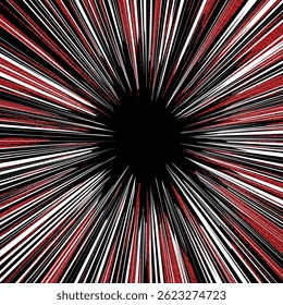 Fundo de mangá. Padrão gráfico de anime em quadrinhos. Plano de fundo de linhas de velocidade rápida. Efeito de intermitência das linhas de velocidade preta, branca e vermelha com movimento radial. Ilustração vetorial abstrata dinâmica.