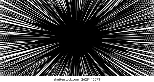 Manga background. Comic anime graphic pattern. Fast speed lines backdrop. Black and white speed lines burst effect with radial motion. Dynamic abstract vector illustration.