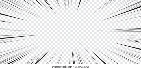 Manga background, comics radial speed lines, vector explosion, motion or movement action effect. Manga transparent background for cartoon anime comics book, superhero speed lines or burst frame