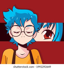manga boy cartoon with blue hair