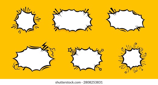 Manga burst bubble with dynamic pop comic speech effect and yellow background. Bold frame with text emphasis shapes, cartoon boom vectors and expressive balloon elements for action dialogue scenes.