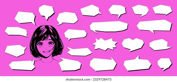 Manga, comic, anime, cartoon style speech bubbles, various shapes of speech blocks for talk. Anime, manga, comic strip, cartoon speech bubbles style. Vector balloons set. Message callouts.