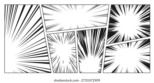 Fondo cómico manga con líneas radiales negras sobre fondo blanco. Ilustración vectorial de diseño de semitono de anime, alta velocidad, efecto de aparición de boom de explosión o superhéroe, collage de batalla de cómic