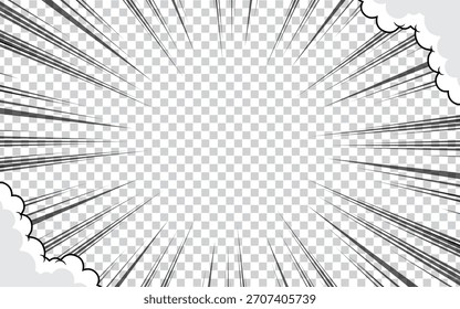Fondo de cómic de manga con efecto de acción de velocidad. Vector radial línea marco de dibujos animados patrón anime explosión, línea negra de acción de cómic.