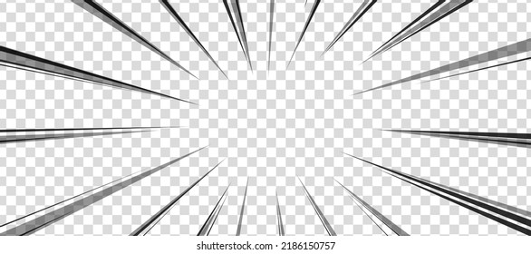 Manga comic effect on transparent background. Motion radial lines for comic book. Vector illustration of manga speed frame or exploding splash