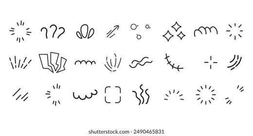 Manga comic expression. funny doodle strokes and hand drawn exclamation. Doodle anime comic book emotions,  Vector set of hand-drawn cute cartoony expression sign doodle line comic anime illustration,