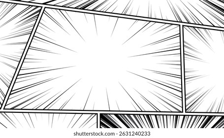 Manga comic motion speed background collection. Radial anime explosion black frame vector illustration template.