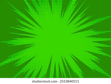 Manga. Comic. Powerful acid explosion effect with small dots, boom. Speed, combat, movement. Super strong hit. Dynamic action. Vector illustration on a green background.