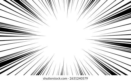 Linhas radiais de mangá com efeito de velocidade para mangá. Fundo de explosão preto e branco. Ilustração vetorial.