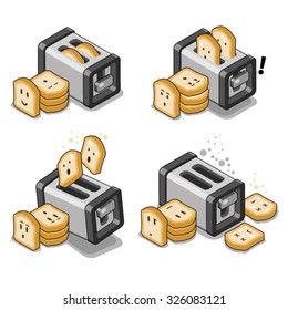 Manga comic strip with toasts popping out of a toaster (isometric illustration)