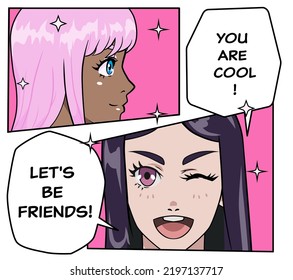 Manga comics frame with two anime girls talking to each other. Poster or print design with bright cartoon characters.