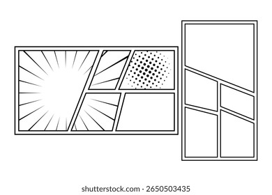 Manga comics layout set panel template with frame for page design, includes action effect