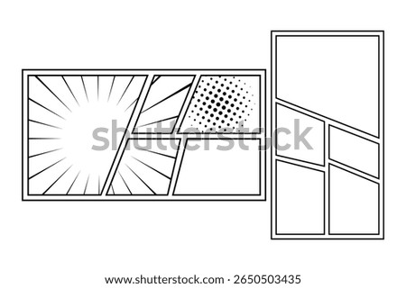 Manga comics layout set panel template with frame for page design, includes action effect