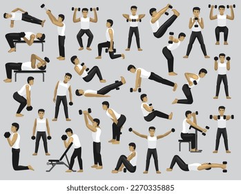 Manga Dumbbell Man Poses Characters Cartoon Vector