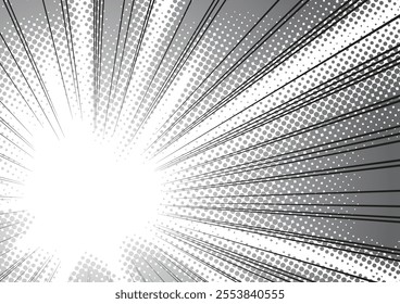 Manga effect. Radial black lines and gray dots extending in all directions. Comic. Speed, movement, combat or a powerful explosion. Dynamic superhero action. Vector illustration on a white background.