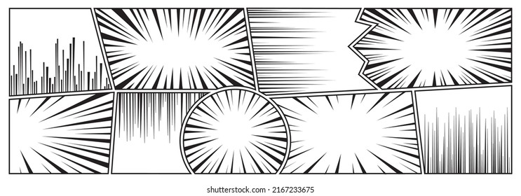 Manga effect vector background, comic speed line set, anime action ray, motion frames, radial zoom abstract pattern, black strip explosion. Cartoon illustration