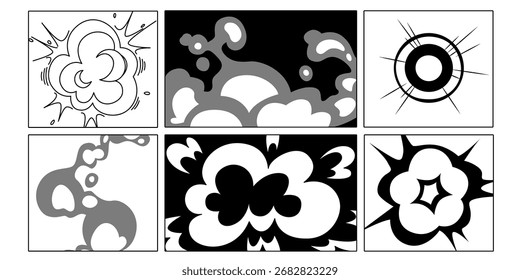 Manga paneles de efecto explosivo con nubes de explosión, anillos de humo y radiaciones de impacto en el diseño de la cuadrícula del guion gráfico. Composiciones en blanco y negro con secuencias de acción dinámicas o escenas de batalla de cómics.