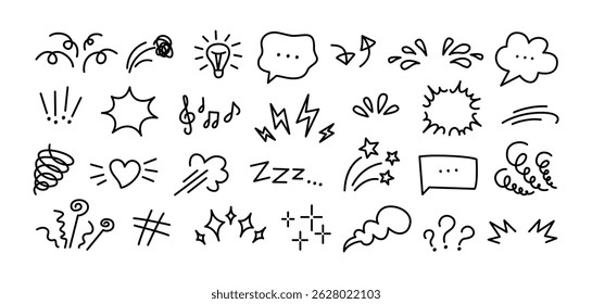 Manga expression. Emotion and motion comic hand drawn elements. Speech bubbles, stars and swirls, lightning and music sound minimal icons for comics and media. Vector set.