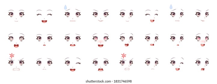 Manga Expression. Girl Eyes, Mouth, Eyebrows Anime Woman Faces. Female Character In Cartoon Japanese Or Korean Kawaii Style Various Emotions Collection People Feelings Symbol Comic Vector Isolated Set