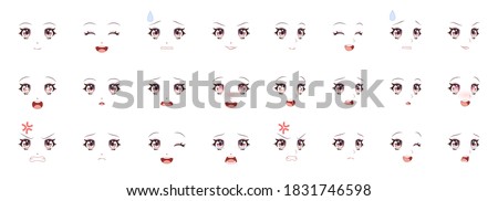 Manga expression. Girl eyes, mouth, eyebrows anime woman faces. Female character in cartoon japanese or korean kawaii style various emotions collection people feelings symbol comic vector isolated set