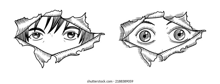 Manga eyes of boy and girl looking from torn paper isolated on white background. Vector illustration.