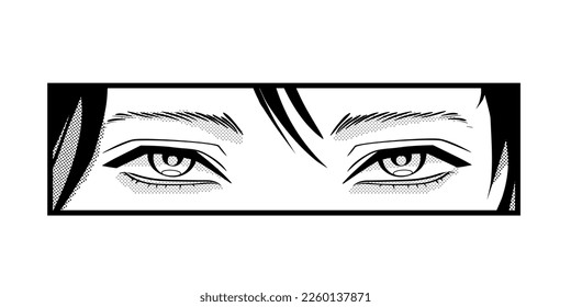 Manga Augen im Rahmen. Zeichnen von Schwarz-Weiß-Tier-Brunet-Typ Ausblick