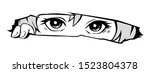 Manga eyes looking from a paper tear. Drawing of black and white anime girl peeps out