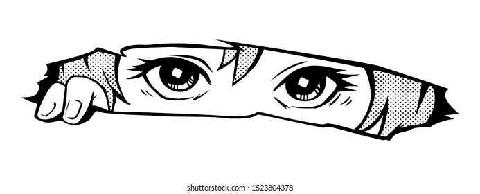 Manga eyes looking from a paper tear. Drawing of black and white anime girl peeps out