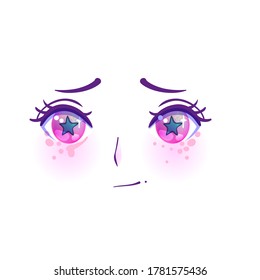 Manga face. Colorful eyes in anime style with shiny light reflections. Bright vector illustration isolated. Emotions: expression of sadness. Pastel goth colors. Japanese kawaii cartoon.