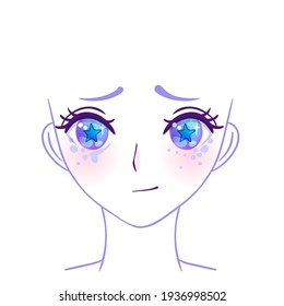 Manga face. Colorful eyes in anime style with shiny light reflections. Bright vector illustration isolated. Emotions: expression of sadness. Pastel goth colors. Japanese kawaii cartoon.