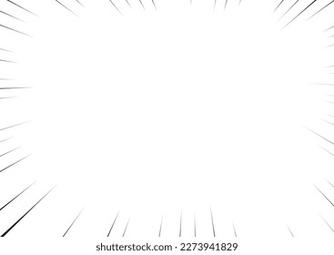 Líneas de velocidad de enfoque de manga para efecto cómico. Líneas de tira de flash de enfoque de movimiento y acción para historieta anime. Ilustración de fondo vectorial del marco de velocidad del manga de color negro o salpicadura y explosión.