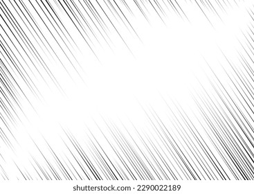 Manga focus speed lines for comic effect. Motion and action diagonal focus flash strip lines for anime comic book. Vector background of black ray manga speed frame or splash and explosion.