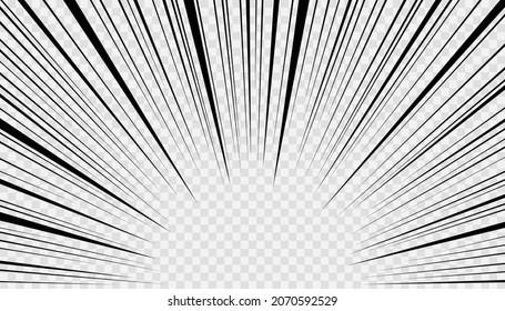 Manga-Rahmen mit Schnellblitz-Linien. Comic Anime Radialeffekt. Superheldenhintergrund mit Burststrahlen. Schlag die Brise auf transparentem Hintergrund. Sprengbombenschablone Retro bang Zoom. Vektorgrafik