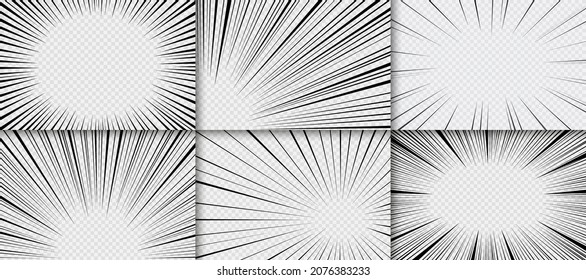Manga frame with speed flash lines. Comic anime radial effect. Set of splash blast zoom. Superhero backgrounds with burst rays. Crash bang banners. Explosion bomb templates. Vector illustration