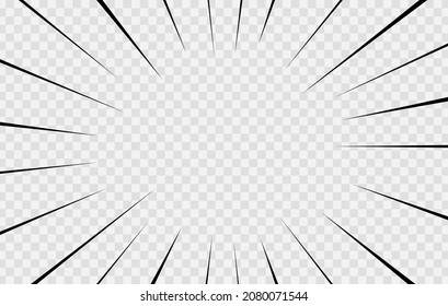 Manga frame with speed flash lines. Comic anime radial effect. Superhero background with burst rays. Splash blast on transparent backdrop. Crash bang zoom. Explosion bomb template. Vector illustration