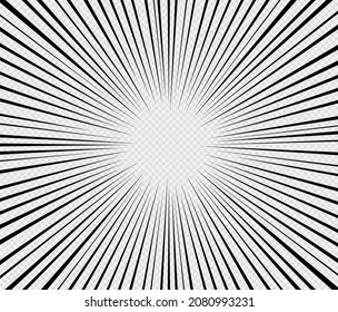 Manga-Rahmen mit Geschwindigkeit Radiallinien. Comic Anime Flash-Effekt. Schlag die Explosion herunter. Cartoon Superheldenbanner. Absturzknall auf transparentem Hintergrund. Motion Strip Druck. Vektorgrafik