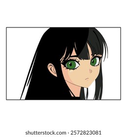 Manga girl face. Cute anime young woman portrait with big eyes, kawaii comic asian character in rectangle frame. Vector cartoon illustration.