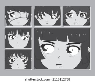 manga girls faces comic expressions set