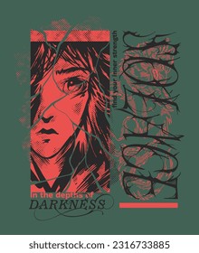 A Manga inspired Illustration of a Girl's Fearful Expression, with Intense Eyes, Complemented by a Custom Typographic Slogan in Black Metal Style